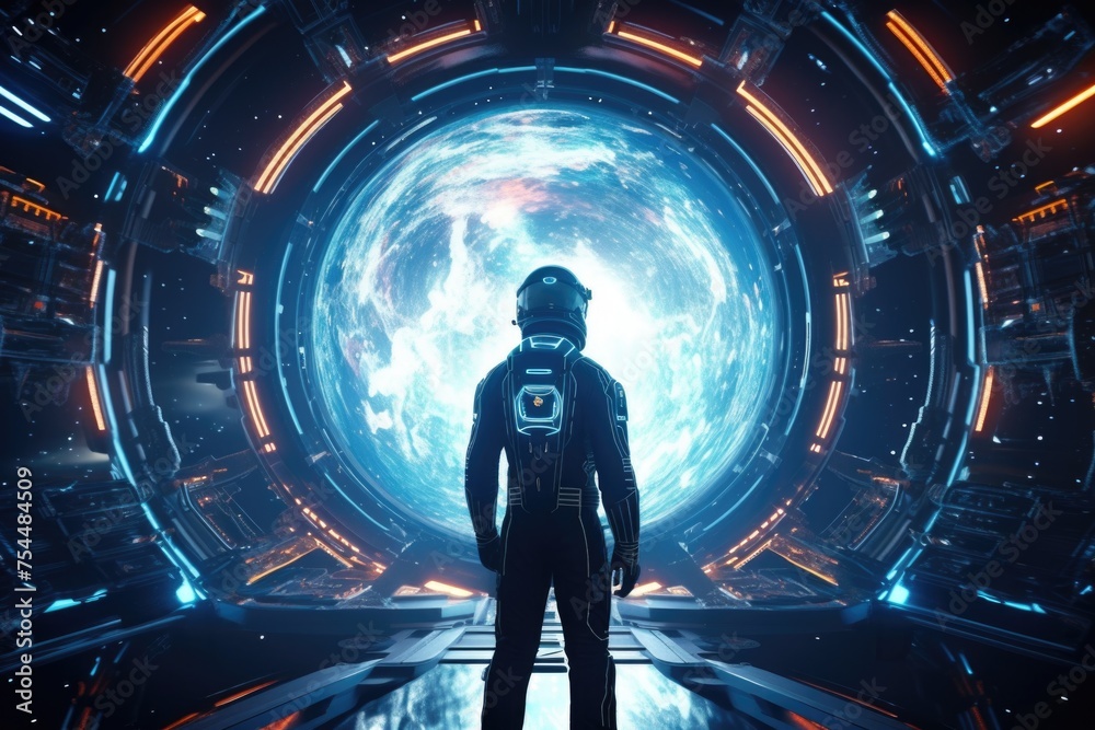 Poster a man in a space suit standing in a tunnel. suitable for science fiction themes