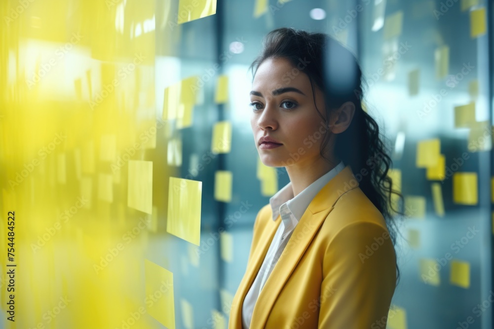 Poster a woman standing in front of a wall covered in colorful post-it notes. suitable for business or crea