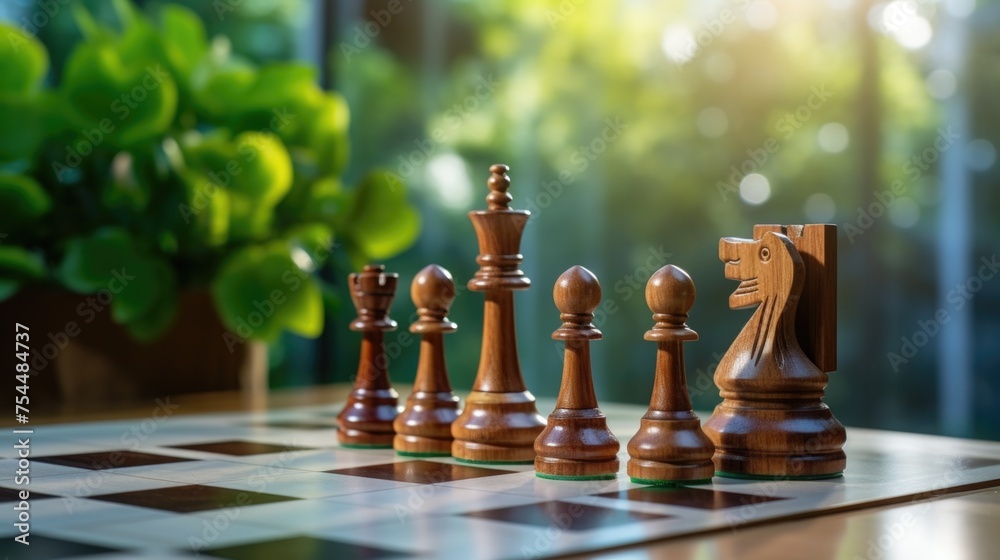 Poster Close up of a chess board with chess pieces. Ideal for strategy and competition concepts
