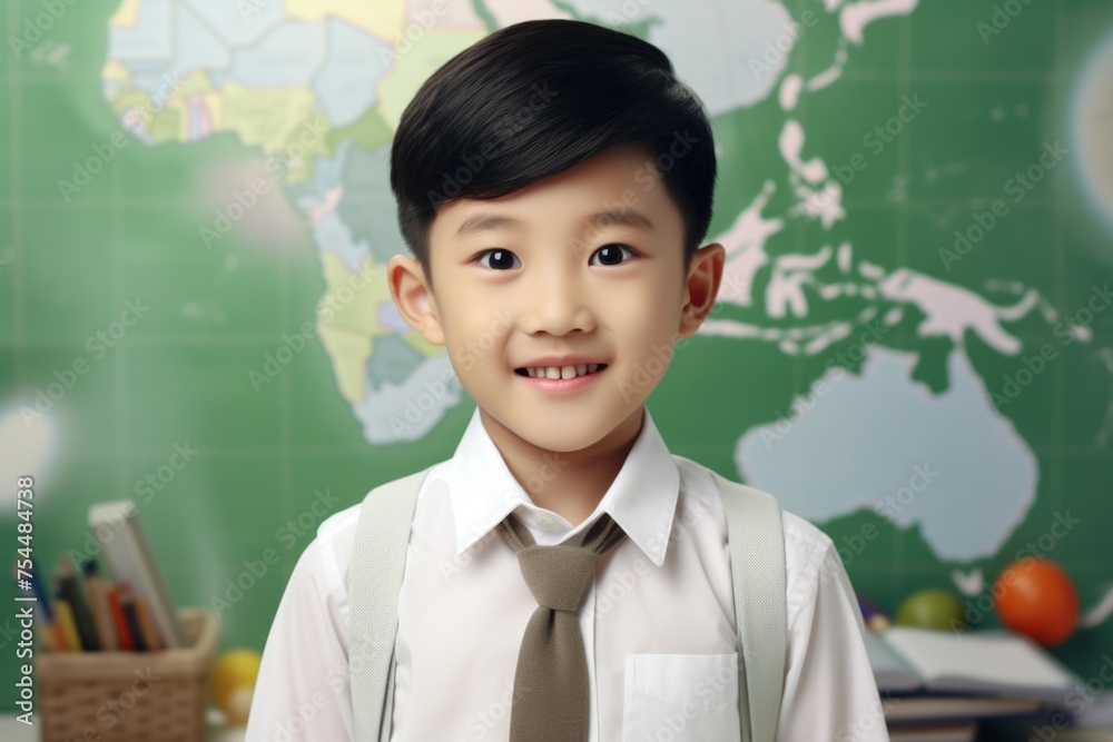 Poster young boy dressed up in formal wear standing in front of a map. suitable for educational or travel c