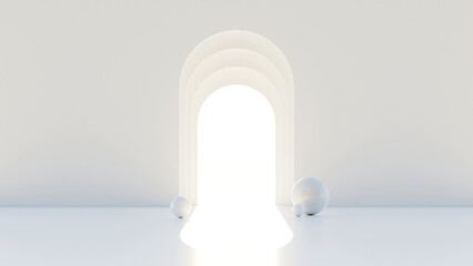 Abstract Minimalist Architectural Design White Arch Hallway with Soft Shadows - Photorealistic 3D Rendering for Interior Spaces