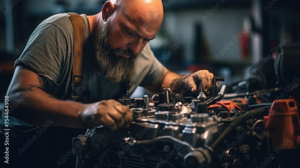 Poster a man working on an engine in a garage. suitable for automotive industry