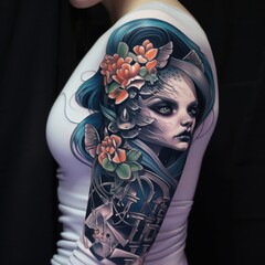 A woman displaying a tattoo on her arm. Suitable for lifestyle or fashion themes