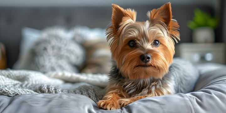 Chic Photo of Yorkshire Terrier Dog Relaxing in Modern Room with Copy Space. Concept Pet Photography, Yorkshire Terrier, Modern Interior, Relaxing Moments, Copy Space