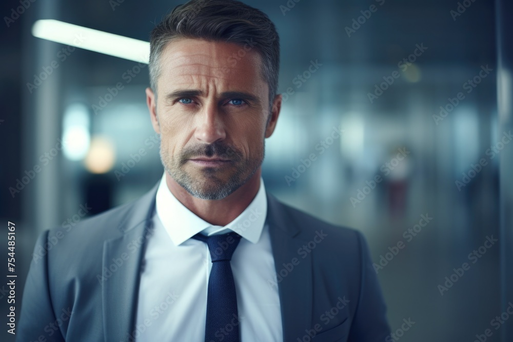 Poster a man in a suit and tie looking at the camera. suitable for business concepts