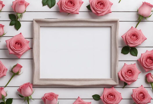 Pink rose flowers with empty photo frame on white wooden background. Valentines, Mother's, Women's Day. Flat lay, top view, copy space.