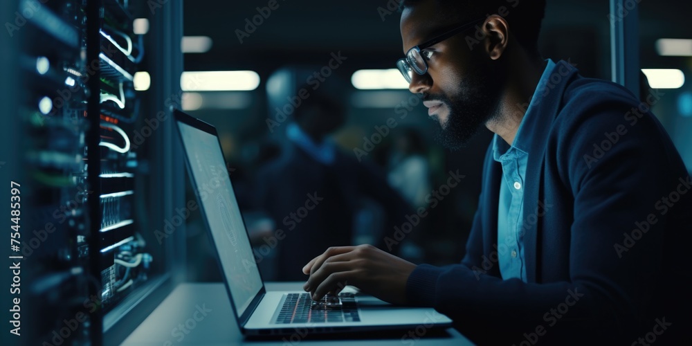 Aufkleber a man working on a laptop in a server room. suitable for technology concepts