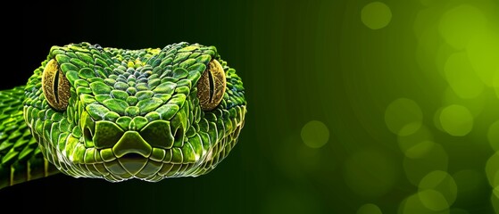  a close up of a green snake's head on a black background with a green bouncy background.