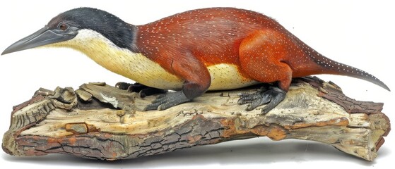  a figurine of a bird sitting on top of a piece of wood on top of a piece of wood.