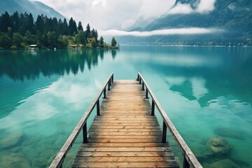 A scenic view of a wooden dock extending into a serene lake with majestic mountains in the background. Perfect for nature and travel concepts