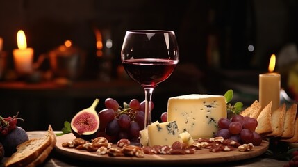 Naklejka na ściany i meble A plate of cheese, grapes, nuts, and a glass of wine. Perfect for wine tasting events