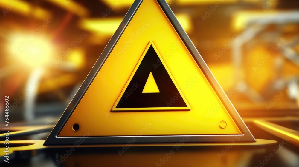 Poster A yellow triangular warning sign on top of a table. Can be used for safety concepts