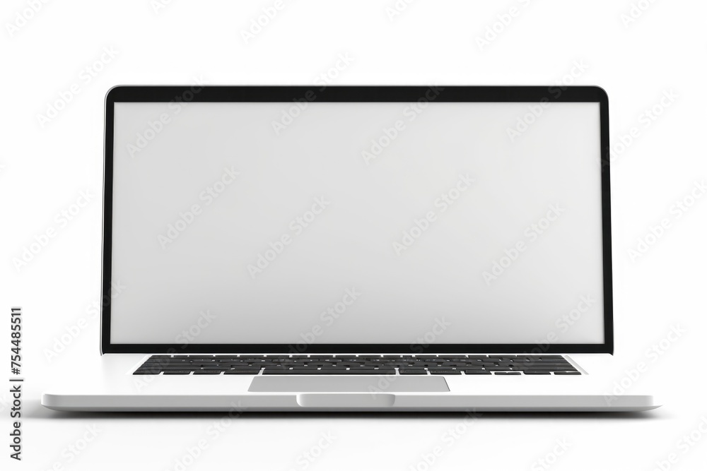 Poster Laptop computer with blank screen on white surface. Suitable for technology and workspace concepts