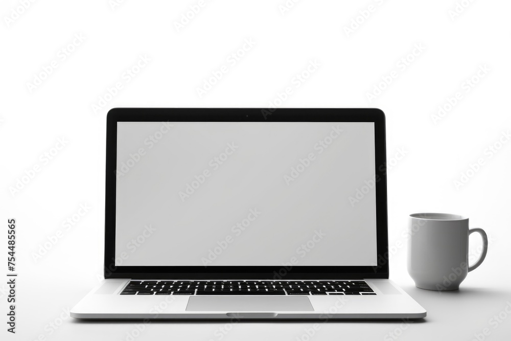 Poster a laptop computer next to a cup of coffee, suitable for business and technology concepts