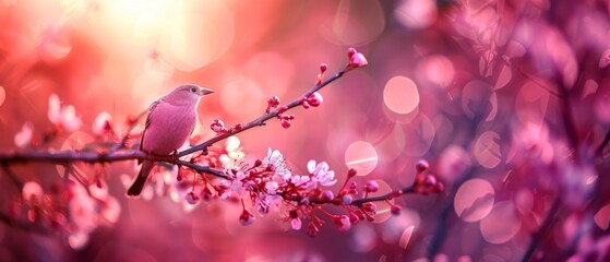  a bird sitting on a branch of a tree with pink flowers in the foreground and a blurry background.