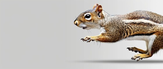  a squirrel is jumping in the air with its front paws on it's back legs and it's eyes wide open.
