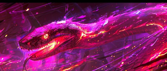  a purple and red snake is in the middle of a purple and red fire and water scene with a black background.