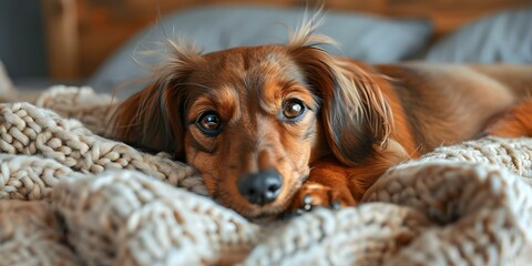Dachshund dog lying in bed in a modern room, centered with professional photo and copy space. Concept Pet Photography, Indoor Setting, Dachshund Breed, Modern Decor, Copy Space