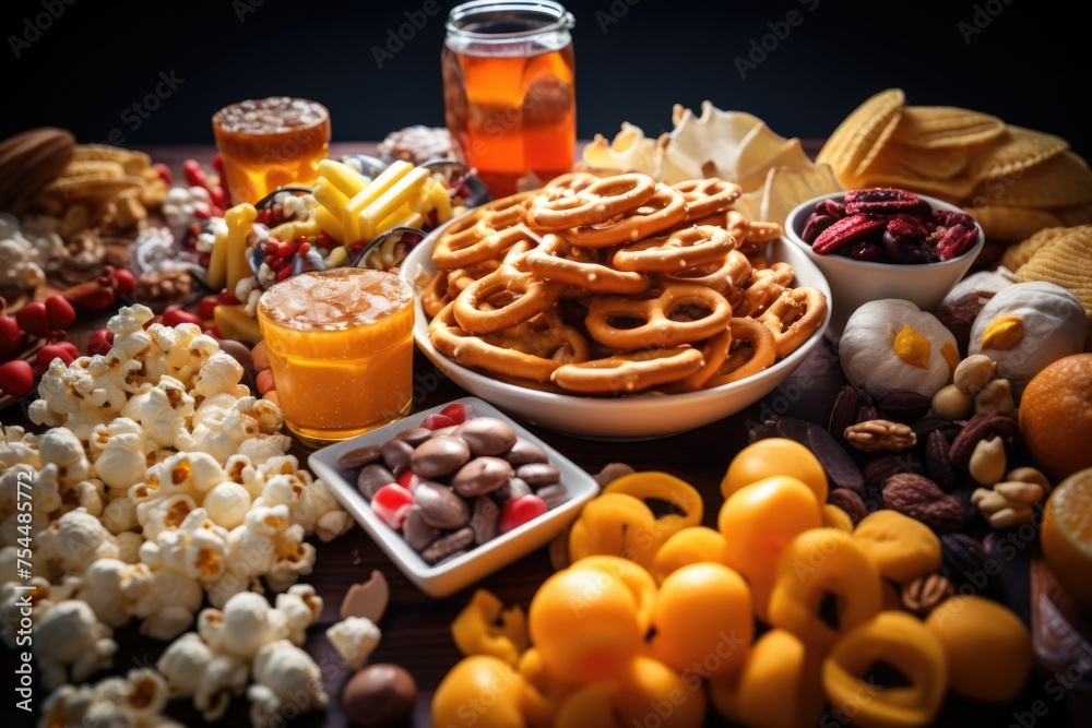 Poster a variety of snacks and treats displayed on a table. suitable for food and beverage concepts