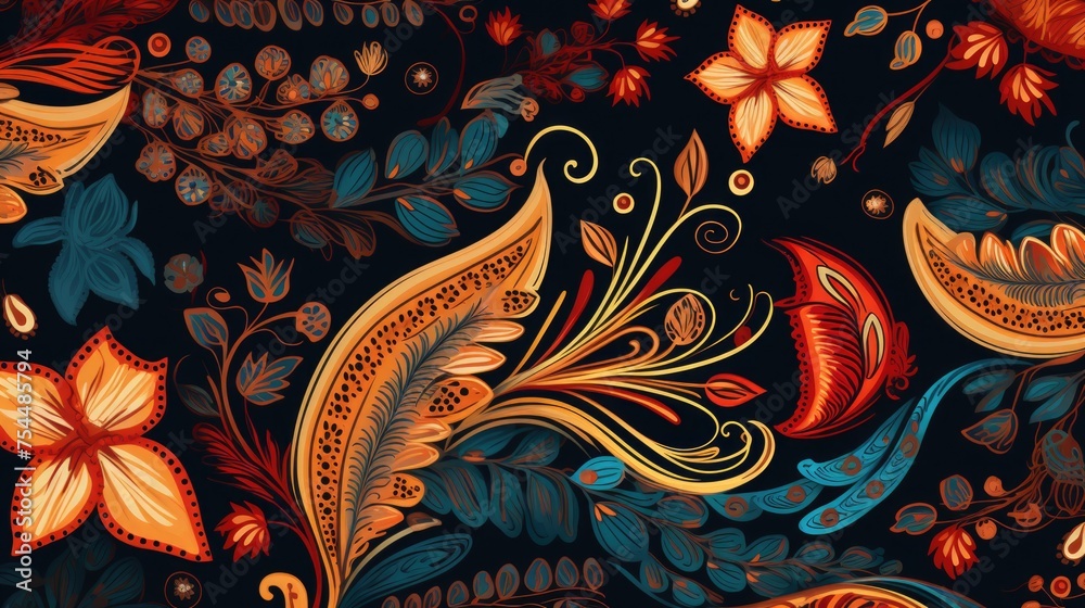 Poster A pattern of flowers and butterflies on a black background. Suitable for various design projects