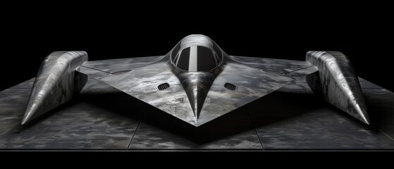  a futuristic fighter jet sitting on top of a tiled floor next to a metal object in the shape of a plane.