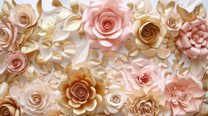 Romantic wedding background adorned with paper flowers and golden leaves, showcasing opulent decorations.