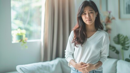 Asian woman suffering from stomach pain after drinking milk, portraying lactose intolerance challenges. - obrazy, fototapety, plakaty