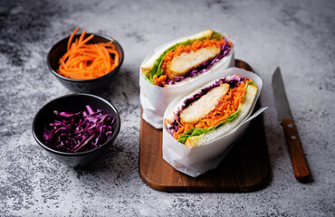 Japanese Wanpaku sandwich with pork, red cabbage and carrots