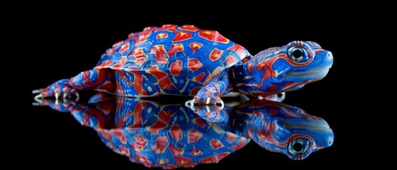  a red, white and blue turtle sitting on top of a body of water with its reflection in the water.