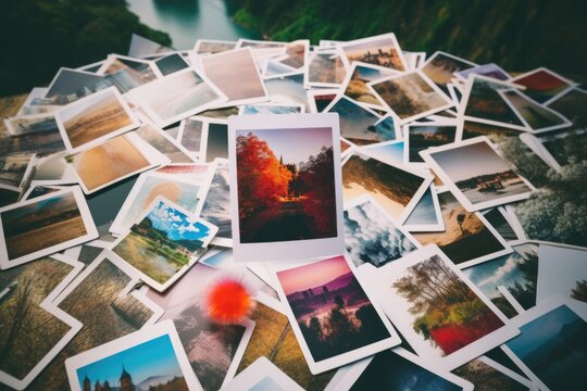 Collection of polaroid photos showcasing diverse landscapes. Ideal for travel blogs or scrapbooking projects
