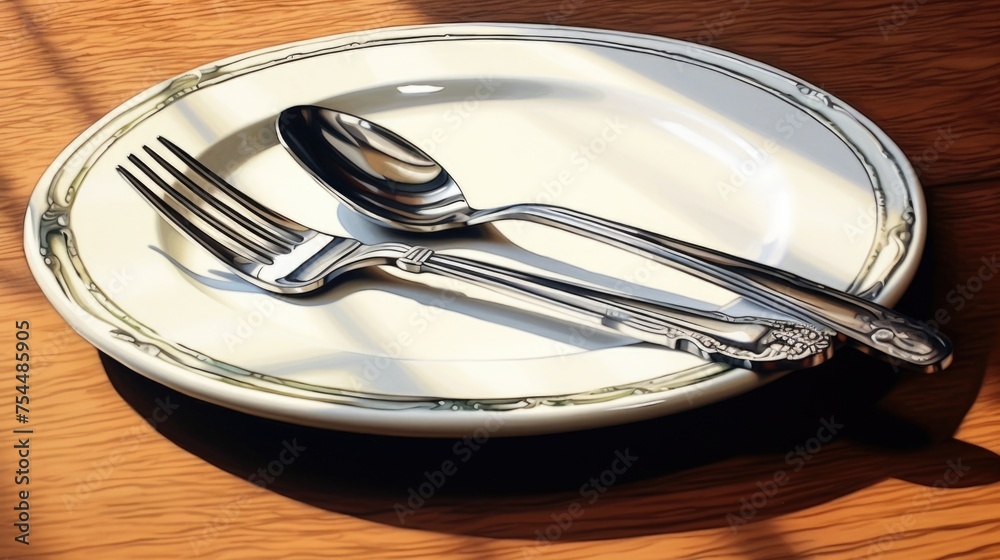 Poster A simple plate with a fork and a spoon