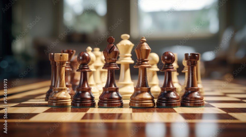 Poster Close up of a chess board with chess pieces. Suitable for strategy and competition concepts