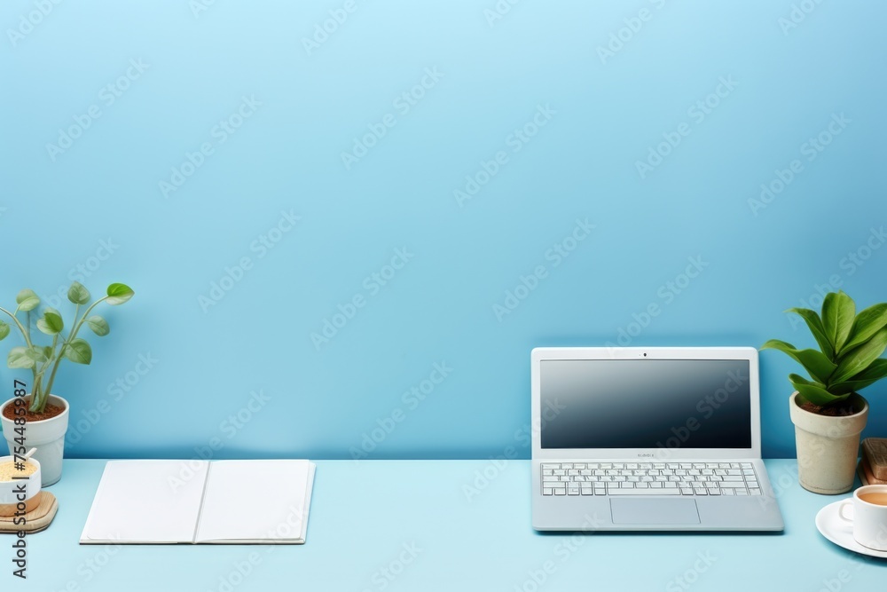 Poster a laptop computer placed on a desk next to a cup of coffee. suitable for business and technology con