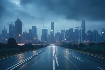 City skyline in the background of an empty highway. Perfect for urban travel concepts