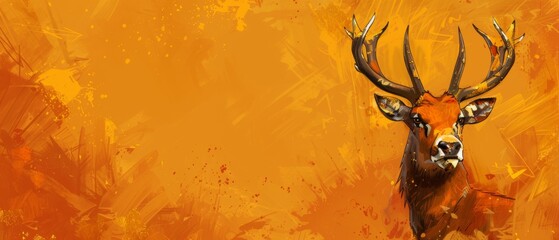  a painting of a deer with antlers on it's head, against a bright orange and yellow background.