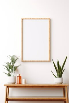 A simple wooden table with a plant and a picture frame. Ideal for home decor concepts