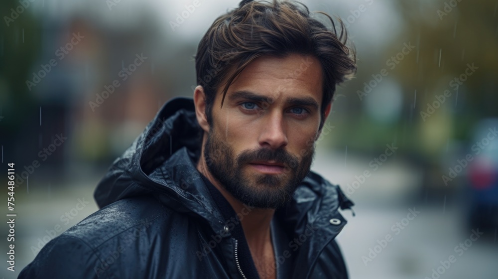 Poster A man with a beard wearing a leather jacket. Suitable for various projects