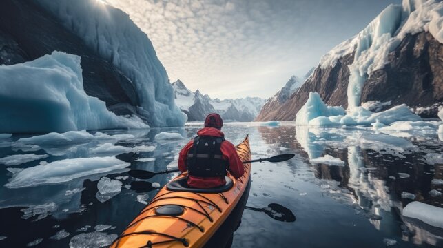 A person kayaking on a body of water, suitable for outdoor activities promotion