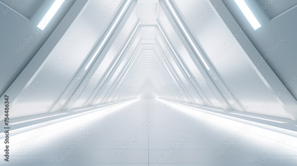 Poster a long white hallway with a light shining at the end. suitable for various concepts and designs