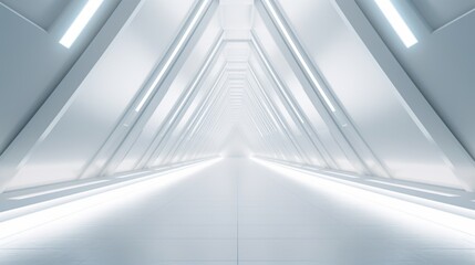 A long white hallway with a light shining at the end. Suitable for various concepts and designs