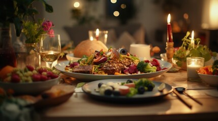 A cozy dinner setting with delicious food and lit candles, perfect for a romantic evening