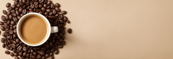 Coffee cup and roasted beans. Food banner - 754486378