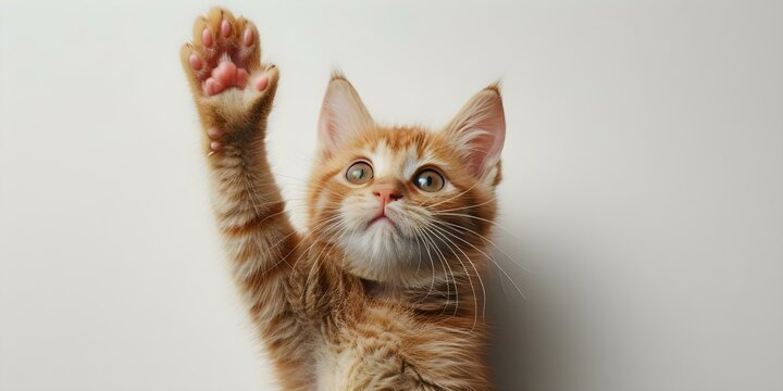 Cheerful cat happily raising its paw for a high five on a white background. Concept Pet Portraits, High Five, White Background, Cheerful Cat, Animal Photography