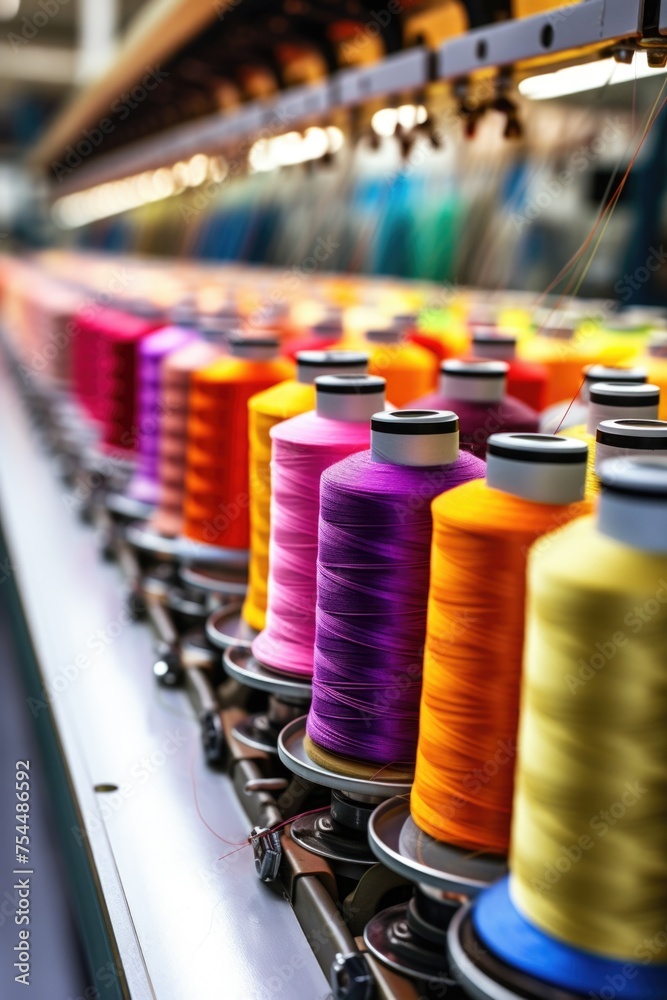 Poster row of spools of thread on a machine, ideal for textile industry projects