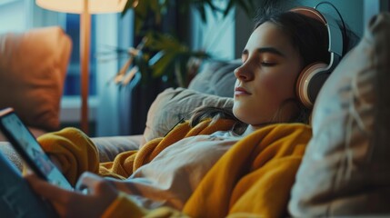 Relaxing with music - Young woman immersing herself in music and videos on her smartphone with wireless headphones at home. - obrazy, fototapety, plakaty