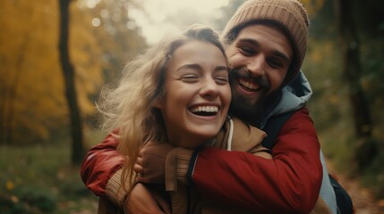 A man and a woman hugging in a wooded area. Suitable for relationship and nature themes
