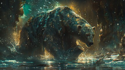 Enigmatic Bear Emerges from Water Surrounded by Mystical Green Lights and Ethereal Sparkles