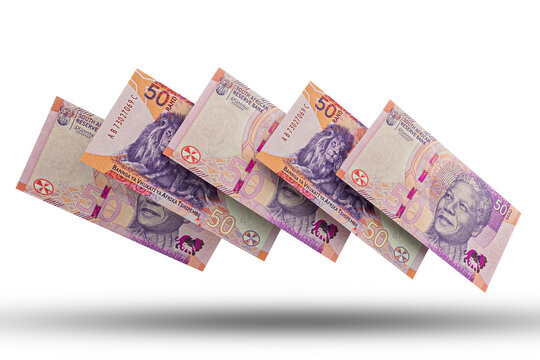 3D rendering of Stacks of South Africa Money 50 Rand Banknotes