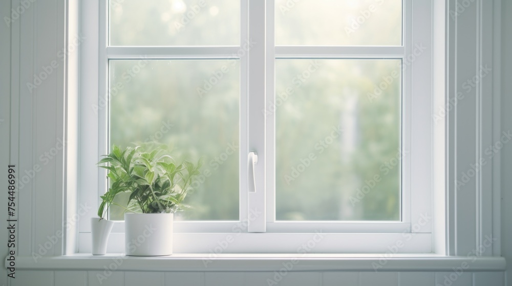 Poster a simple image of a potted plant on a window sill. suitable for home decor or gardening concepts