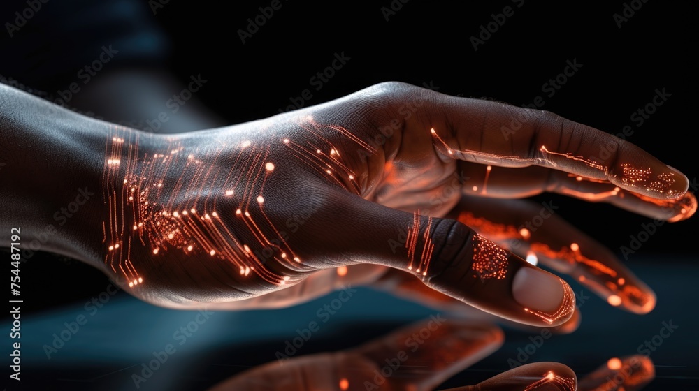 Poster Person's hand with glowing fingers, suitable for technology concepts